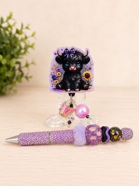 Handmade by Rockin' 3 Leather, Purple Glitter Calf Badge Reel & Bling Pen Set
